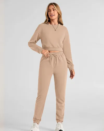 Vista 70 de BTFBM Conjunto deportivo de 2 piezas para mujer, camiseta corta de manga larga, sin botones, pantalón con cordón ajustable, pantalones deportivos