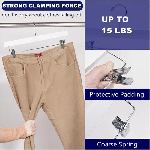 Vista 4 de Amber Home Paquete de 10 perchas de madera blanca para pantalones con 2 clips ajustables para jeans, pantalones cortos