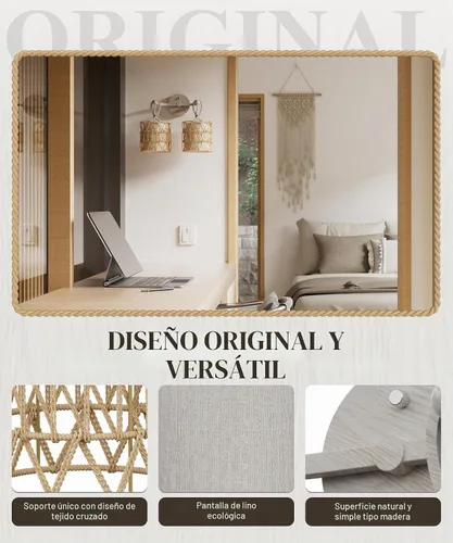 Vista 6 de N12-3 Aplique de pared de ratán bohemio de dos luces, accesorios de tocador para espejo, pantalla tejida en cruz y lámpara de pared cableada