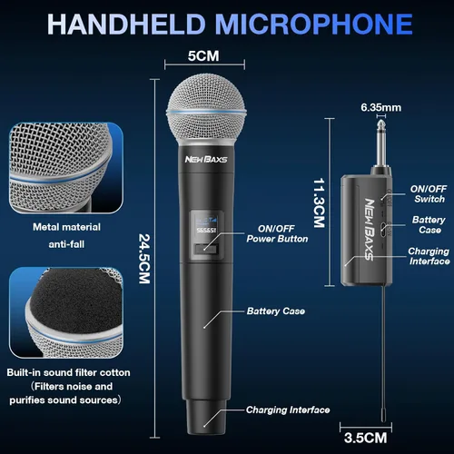 Vista 7 de Micrófono inalámbrico, micrófonos recargables inalámbricos de mano duales dinámicos, micrófonos de karaoke NEW BAXS con salida de 1/4 pulgada