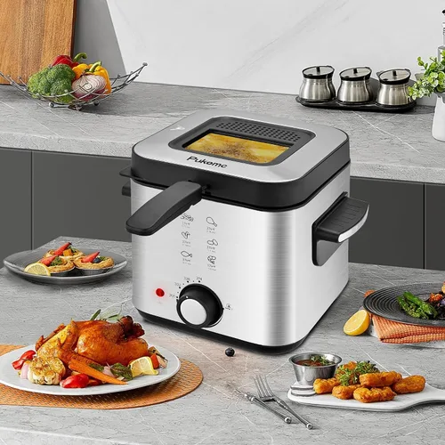 Vista 6 de Pukomc Freidora Eléctrica Profunda, Capacidad de Aceite de 1.5 Litros/1.6 Qt, Freidora Profunda Pequeña con Cesta para Uso Doméstico, Laterales