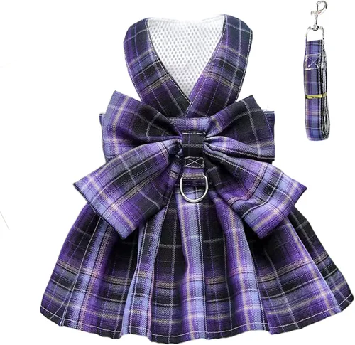 Vista 9 de PETCARE Vestido de Perro a Cuadros con Corbata de Moño y Arnés Set de Correa para Perros Pequeños, Gatos, Niñas, Lindos Vestidos de Princesa