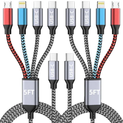 Vista 18 de Cargador de teléfono de 90 grados, cable de carga múltiple 4 en 2, cable USB C CarPlay con doble tipo C, micro USB, puerto IP, cable USBC de nailon