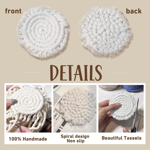 Vista 5 de Posavasos de automóvil boho de 3.8 pulgadas para portavasos, 2 posavasos para automóvil, posavasos absorbentes de macramé, bonito juego de posavasos