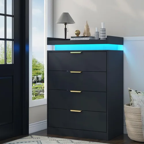 Vista 9 de UNIQUITE Cómoda negra con luces LED y toma de corriente, cómoda alta de madera con 4 cajones para dormitorio, cómoda moderna para dormitorio