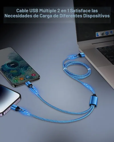 Vista 3 de Cable de carga USB múltiple, 2 en 1 USB C y cable de carga Lightning de 4 Azul