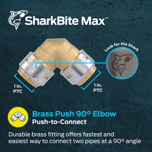 Vista 2 de SharkBite Max 1 x 1 pulgadas PTC Codo de 90 Grados, Accesorio de Plomería de Latón de Conexión a Presión, UR260A