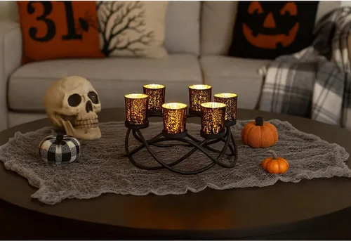 Vista 7 de Portavelas de Halloween Decoración de Centro de Mesa – Portavelas de Hierro Metal Negro de 6 Copas para Velas Votivas y de Té para Mesa Espeluznante