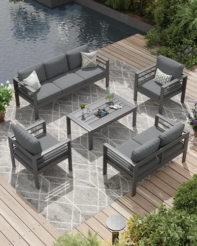 Vista 16 de AECOJOY Juego de muebles de patio de aluminio, muebles modernos de exterior de 5 asientos con mesa auxiliar, 4 piezas de sofá seccional