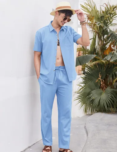 Vista 3 de COOFANDY Conjunto de 2 piezas de lino para hombre, conjunto de camisa y pantalón con botones para la playa