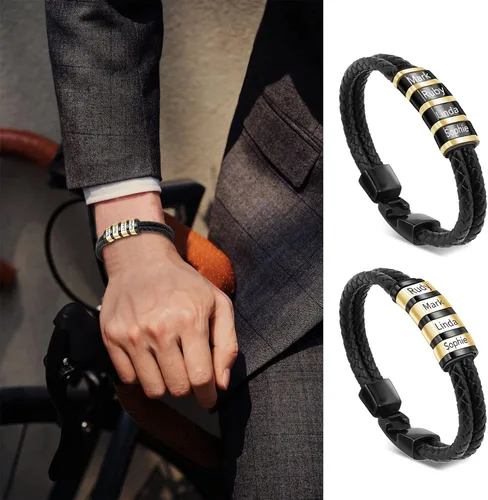 Vista 38 de Pulseras de cuero personalizadas para hombre con 1-6 nombres, pulsera trenzada personalizada con cuentas para papá, marido, día del padre, San