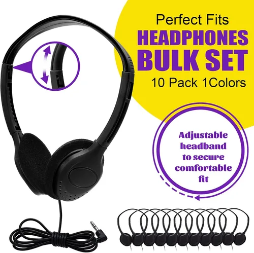 Vista 2 de Yunsailing Paquete de 10 auriculares con cable sobre la oreja a granel para estudiantes de aula escolar, diadema ajustable con conector de 0.138 in