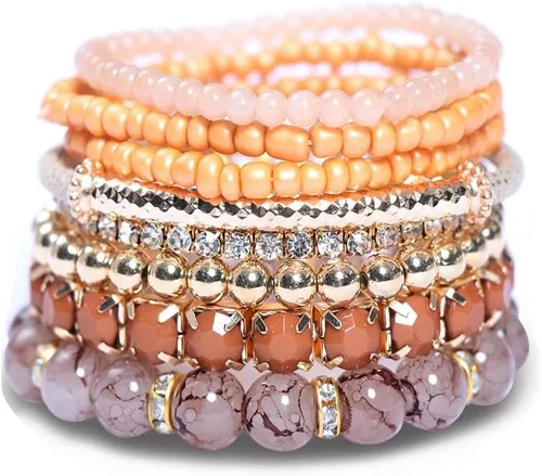 Vista 5 de Pingyongchang - Juego de pulseras apilables de múltiples capas estilo bohemio con cuentas de cristal para mujer, hechas a mano, con cuentas doradas