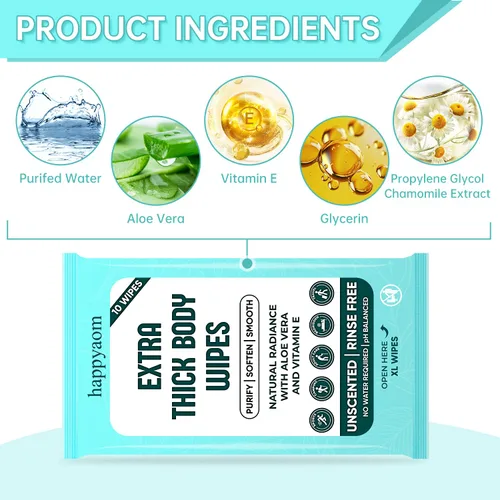 Vista 3 de Toallitas corporales de ducha XL (paquete de 10) – 100 toallitas ultra gruesas de aloe vera para mujeres, hombres y ancianos – Baño para adultos