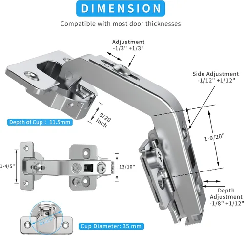 Vista 5 de Chibery Paquete de 2 bisagras de esquina Lazy Susan de 135°, base de bisagra tridimensional ajustable, ajuste 3D, superposición completa oculta