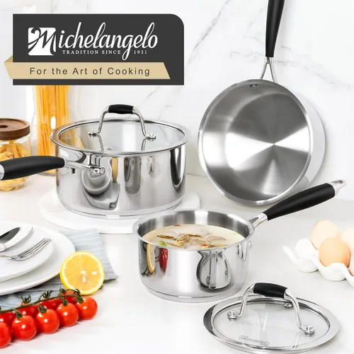 Vista 7 de MICHELANGELO Triply - Cacerola de acero inoxidable con tapa, 6 piezas, sartén de acero inoxidable con mango de baquelita, juego de cacerolas