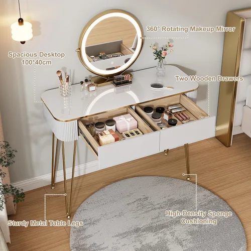 Vista 6 de Furnistar Tocador Pequeño con Espejo Redondo y Luces 39" Mesa de Tocador Moderna con 2 Cajones Mesa de Maquillaje para Dormitorio Blanco y Dorado