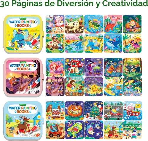 Vista 3 de Libro de Pintura Reutilizable con Agua de Timetome para Niños - Pack de 3 Libros de Acuarela Mágicos con Bolígrafo de Agua con Temas de Cuentos