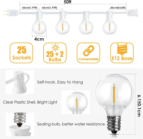 Vista 4 de Mlambert - Cadena de luces para exteriores de 50 pies, luces de globo G40 para patio con 25+2 bombillas LED impermeables y a prueba de roturas