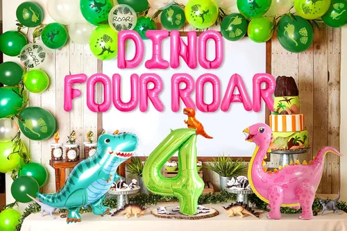 Vista 5 de LaVenty Globos de rugido de dinosaurio Rex para decoración de cumpleaños de 4 años, diseño de dinosaurio para niña