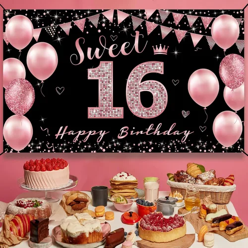 Vista 4 de Vicycaty Decoraciones de cumpleaños de 16 años – Cartel de fondo, decoración de fiesta de feliz 16 para niñas, cartel de 16 yardas de oro rosa