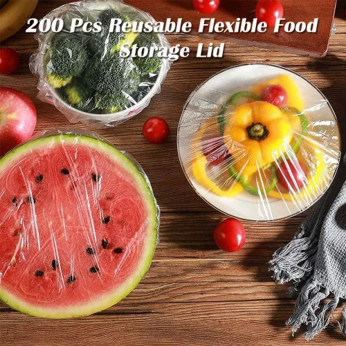 Vista 3 de AKOAK Bolsas desechables para almacenamiento de alimentos (aprox. 200), película adhesiva, reutilizable, tapa elástica de plástico de polietileno