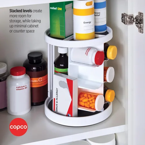 Vista 4 de Copco Tocadiscos de vitaminas de 2 niveles blanco y gris con 6 cunas para vitaminas, suplementos, etc. con agarre antideslizante y capas apiladas