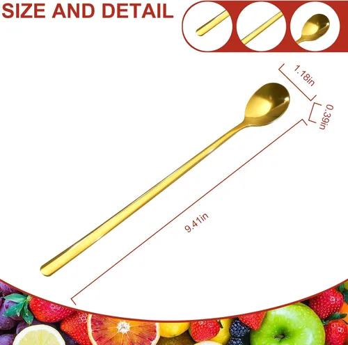 Vista 2 de Cuchara de mango largo (2023) Cuchara de té helado dorada, cuchara de café de acero inoxidable de 9.41 pulgadas, cuchara agitadora de cóctel