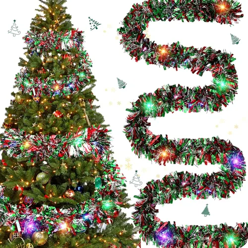 Vista 8 de Guirnalda de oropel de Navidad de 65.6 pies con tira de luces LED de 65.6 pies, oropel de torsión metálica, guirnalda de árbol colgante de Navidad