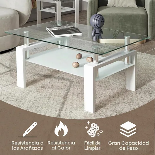 Vista 4 de Mesa de centro rectangular de vidrio de 39.4 pulgadas, mesa de centro blanca con vidrio templado y patas de metal, mesa central moderna de 2 niveles
