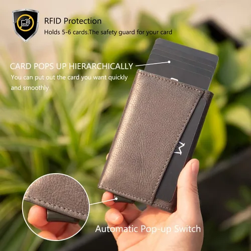 Vista 3 de ManChDa Billetera de cuero genuino delgada con bloqueo RFID para hombres, billetera triple de aluminio, cartera desmontable para tarjetas