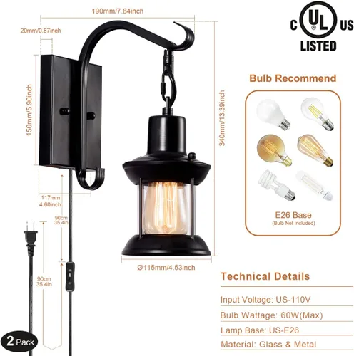 Vista 2 de GLADFRESIT Lámparas de pared rústicas, aplique de pared tipo farol enchufable, apliques de pared antiguos negros, luminarias de iluminación de pared