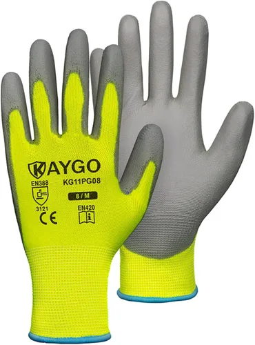 Vista 101 de KAYGO KG11PB - Guantes de trabajo de seguridad con revestimiento de poliuretano, 12 pares de guantes de punto sin costuras para hombres y mujeres