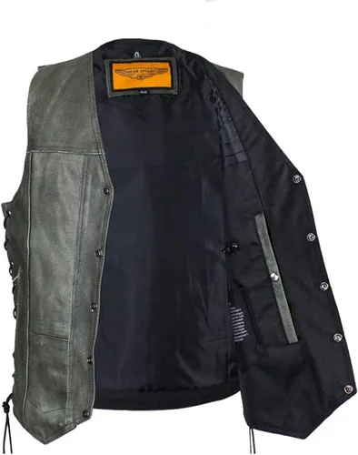 Vista 5 de GARGOYLE BELLS Chaleco de cuero negro para hombre, chaleco de cuero de vaca con forro de motociclista para hombres