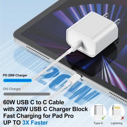 Vista 3 de Cargadores de carga rápida para iPhone 15 y 16, paquete de 20 cargadores de pared USB C de 20 W para iPhone 16 Pro Max con 2 cables USB C a C de 6