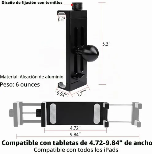 Vista 2 de Soporte de tableta de aleación de aluminio con cabezal de bola de 1 pulgada - Soporte giratorio para tableta 360 para iPad y otros dispositivos