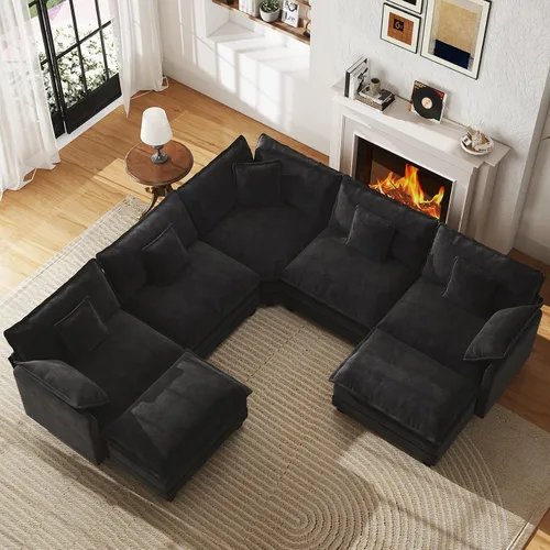 Vista 10 de Sofá de nube en forma de L de 77 pulgadas, sofá modular con otomana, cómodo sofá biplaza de felpilla con almohada para sala de estar, dormitorio