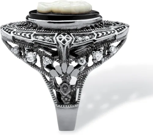 Vista 2 de PalmBeach Black Ruthenium Plated Sterling Silver Cameo Oval Shaped Natural Onyx and Round Cubic Zirconia Cameo Ring Sizes 6-10