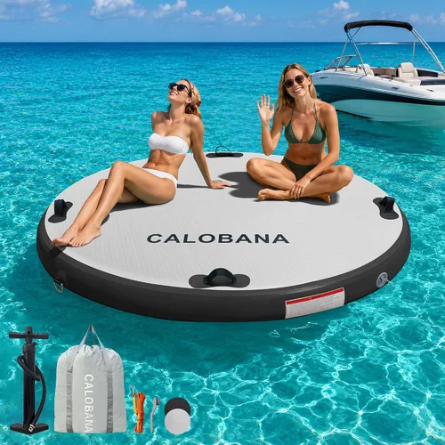 Vista 17 de CALOBANA Hamaca de agua inflable redonda flotante, flota lago isla balsa plataforma de muelle inflable para adultos, piscina, río, fiesta en la playa