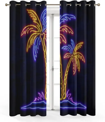 Vista 2 de Neon Palm Tree Curtains for Living Room, Synthwave Aesthetic Blackout Curtains for Bedroom, Grommet Drapes 39 Inch Length 2 Panels Set, Neon Palm
