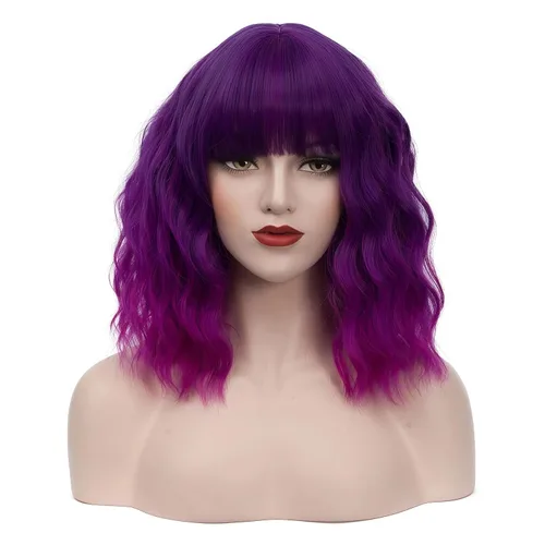 Vista 11 de BUFASHION Peluca rizada corta ondulada de 14 pulgadas para mujer, peluca sintética para cosplay, Halloween, peluca con flequillo lateral (negro)