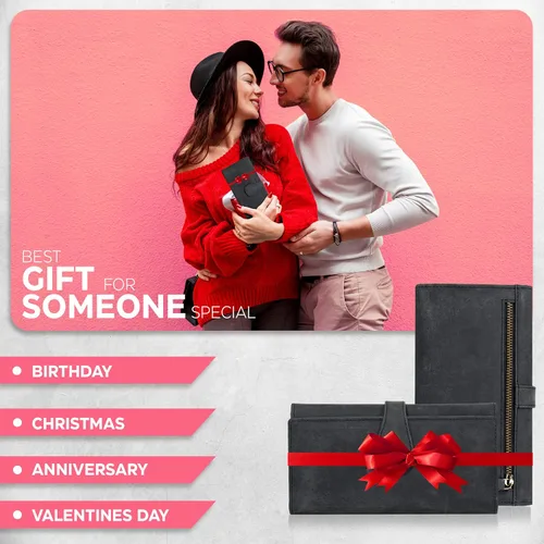 Vista 7 de Cartera de cuero real para mujer con bloqueo RFID, diseño triple tarjetero para damas con ventana de identificación