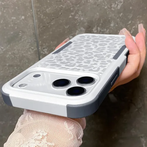 Vista 5 de Funda magnética para iPhone 17 Pro, compatible con Magsafe, lindo estampado de leopardo blanco guepardo, resistente, resistente, protección