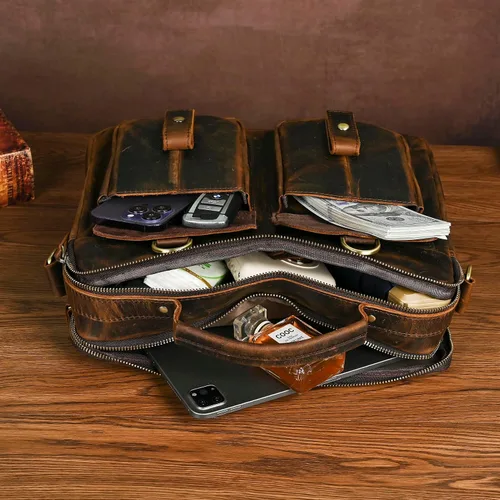 Vista 7 de Bolsa de lona resistente al agua + cuero para negocios, maletín de 14 pulgadas, para laptop, oficina, cartera, para hombres FBB207