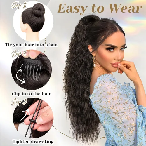 Vista 6 de KooKaStyle Extensión de cola de caballo con cordón de 26 pulgadas (66 cm) para mujeres, extensiones de cabello sintético rizado largo para uso