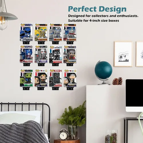 Vista 2 de Paquete de 12 estantes acrílicos negros para cajas Funko Pop, estante de exhibición de pared para figuras de juguete coleccionables, figura