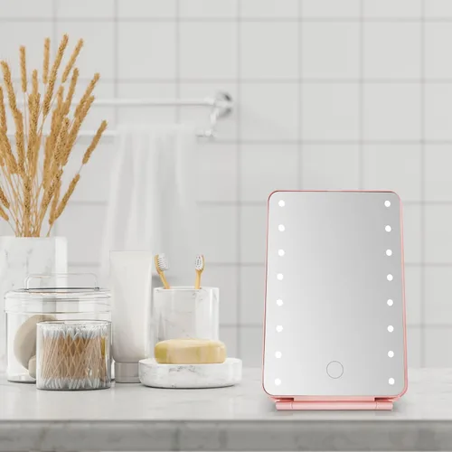 Vista 6 de MELANNCO Espejo de tocador con luces, 7.8 x 5.3 pulgadas, espejo de maquillaje LED de oro rosa para escritorio, 16 bombillas LED, plegable