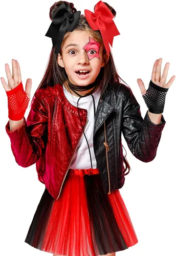 Vista 5 de Newcotte Juego de 4 disfraz de payaso de Halloween para niñas, incluye falda tutú con lazo para el pelo, guantes de red y calcetines de fútbol a