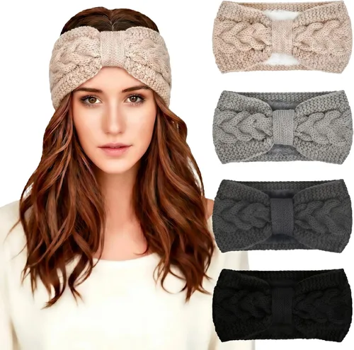 Vista 10 de Chalier Winter Headbands for Women, Crochet Ear Warmer Headband Beige/Negro/Gris Oscuro/Rojo