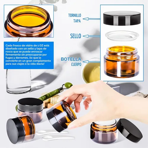 Vista 4 de 6 Pack de tarros de vidrio ámbar de 1 oz con tapas, tarros pequeños de vidrio de 1 onza con tapas y forros interiores, tarros redondos transparentes